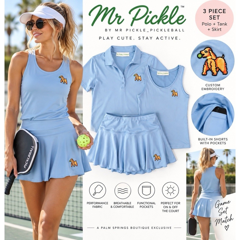 Mr Pickle Pickleball 3 Pc Skort Tank Polo Set Womens Blue NWT Palm Springs Small